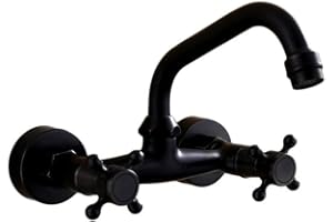 HomeLava Robinet d'évier Rotatif à 360 ° Robinet de Cuisine Montage Mural Nostalgie Robinet mural à deux poignées Mitigeur Laiton Noir