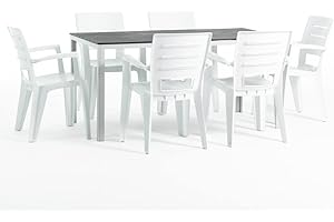 SIEDITI FUORI E DENTRO Conjunto jardín exterior mesa y sillas para 6 personas, mesa rectangular de acero con listones de polietileno efecto madera, 6 sillas apilables de resina - Thomas & Anita (Blanco/Pizarra)