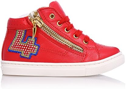Florens Red lace-up sneaker made of leather, with lateral zipper with metal pendant, lateral decoration with strass and rubber sole, Child, Girl, Girls-7 Child UK