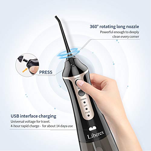 Liberex Hydropulseur Jet Dentaire Électrique avec 5 Buses Différentes- Irrigateur Buccal Oral Sans Fil Professionnel, Réservoir d'Eau de 300ML, 3 Modes, Étanche IPX7, Convient pour Detartrage Dentaire
