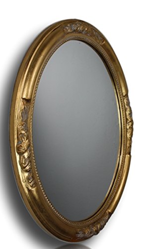 elbmöbel Wandspiegel Oval in gold antik mit leichter Patina 47 x 57cm aus Holz mit Verzierungen im Landhausstil