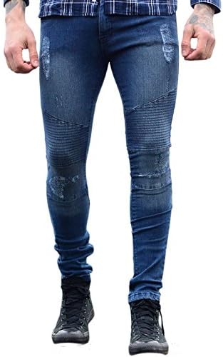 Mens Super Skinny Stretch Designer Ripped Freyed Biker Distressed Stylish Fashion Denim Jeans Pants