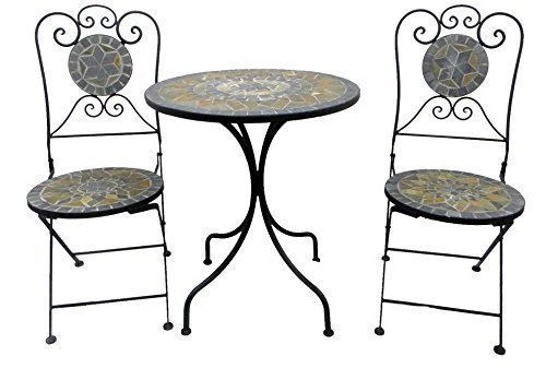 Bistro Set Mosaik Balkon Garten grau 3 teilige Möbel Eisen Bistro Set Metall Garten Garnitur Mosaik Sitzgruppe Eisen Möbel 2 Stühle 1 Tisch