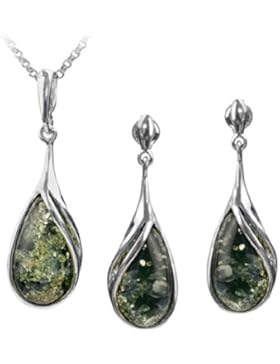 Grüner Bernstein Sterling Silber Schmuckset Halskette Anhänger Ohrhänger Kette 46cm