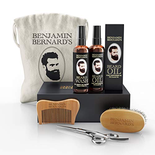 Benjamin Bernard Bartpflege-Set - Schere, Öl, Shampoo, Holzkamm & Bürste im Set - Natürliche Feuchtigkeitscreme, Reinigung & Conditioner - Komplette Bartwuchs & -pflege-Geschenkbox für Männer