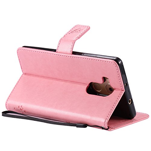 Cozy Hut [Huawei Mate 8 Premium Lederhülle] im Bookstyle Portmonee Tasche Leder Etui Flip Wallet Case Cover mit Katzen und Baum Prägung Muster Handyhülle,Leder Brieftasche Case Hülle mit Standfunktion Kartenfächer für Huawei Mate 8 – rosa - 4