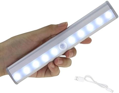 Motion Sensor Light, Carryme 10 LED Long Life Cordless USB Rechargeable PIR Motion Activated LED Night Light with Magnet Adhesive Strap, Wirless Kids Safe Desk Lights DIY Wall Lamps Stick-Anywhere Indoors for Hallway, Stairs, Bedroom, Nursery, Bathroom, Kitchen,Cabinet,Closet,Wardrobe,Cupboard,Basement,Bookcase (White)