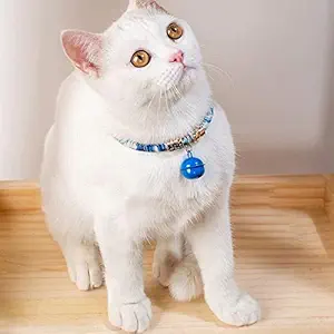 Pets Empire Japanese Style Cat Collar, Kimono Style Cat Collar with Bell, Adjustable Neck 30-36 cm, Handmade Cotton Necklace with Bell 1 Piece (Blue)