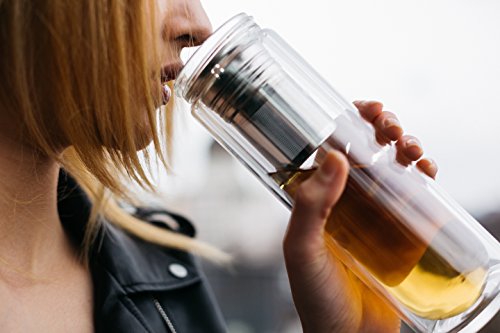Time to Tea© Edel-Glas Tee-Bereiter und Fruit-Infuser mit Thermo-Funktion | hochwertige, doppelwandige Tee-Flasche mit Edelstahl-Sieb & Bambus-Deckel | Thermo-Trinkflasche ideal für Unterwegs, die Arbeit oder Uni | 450ml BPA-frei - 6
