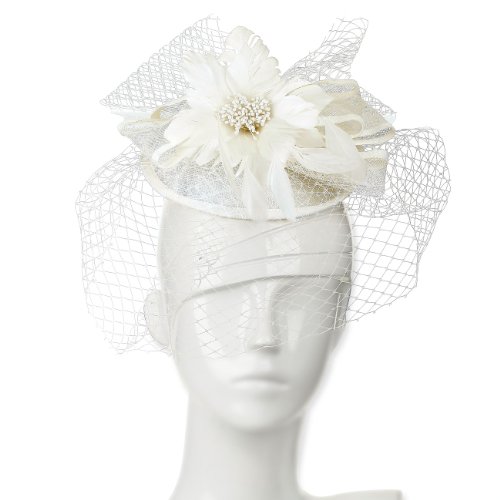 Beautiful Wide Fascinator with large Bows and Feather flower corsage centre. All over Net and Veil; Three colour options and great value.