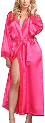 Kxnet Women Sexy Long Silk Kimono Sleepwear Dressing Gown Robe Lingerie Babydoll Bath Robe with Belt,One Size (Hot Pink)