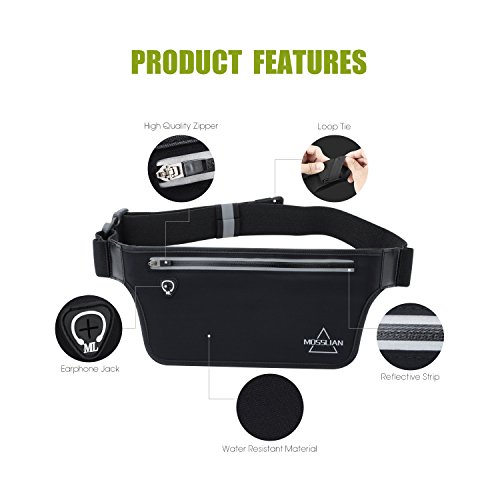 Sport Bauchtasche, MOSSLIAN Stilvolle Super Leichte Reise Elastische Hüfttasche Gürteltasche Laufgürtel Reflektorstreifen und mit Kopfhöreröffnung geeignet für Handy iPhone 7 6 Samsung Galaxy S6 Huawei P9 Mate 8 HTC ONE bis 6 Zoll Smart Phone für Damen Herren Joggen,Fitness, Lauftraining (Schwarz) - 2
