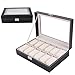 Produktbild Wokee Große Uhr Vitrine Schmuck Box Leder Glas 12 Slots Männer Schwarz Neu Set mit 12 Gesamtlagerkissen – Schwarzes PU-Leder stapelbare Schmuck Box Blush
