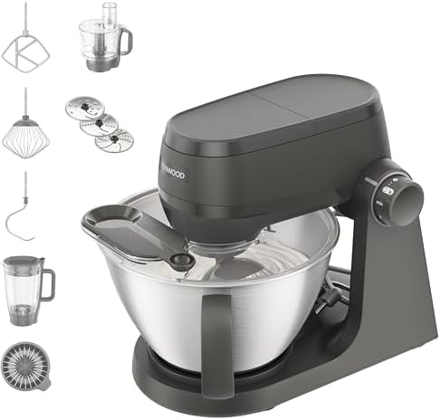 Kenwood Multi Tasker - Impastatrice Planetaria Multifunzionale con accessorio Frullatore, Robot Cucina e spremi agrumi, 1.7kg di Impasto Pane e Pizza, Paraschizzi con Misurino, Grigia (KHC30.050GY)