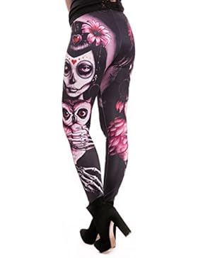 Leggings Elastici Punk di Heartless Owl Muerte Tattuaggio con Stampo di Day of the Dead e Scheletro