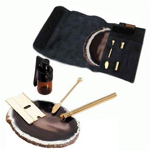 Schnupf Set Schnupftabak Etui in Gold mit Achatscheibe und Dosierer (Kleine Scheibe) - 2