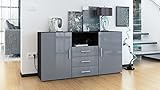 Sideboard Skadu, Korpus in Schwarz matt / Front in Grau Hochglanz - 