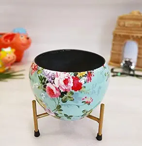 Exotic Green Round Metal Pots with Stand | Cyan Color Flower Planter for Home Garden Decor | Table Top Flower Pot | Best for Indoor Plantation I Rust Free. (Floral Cyan)