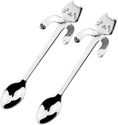 Stainless Steel Coffee &amp; Tea Spoons Set of 2PCS Mini Cartoon Cat Long Handle Creative Hanging Cup Spoon Drinking Tools Kitchen Gadget Flatware Tableware