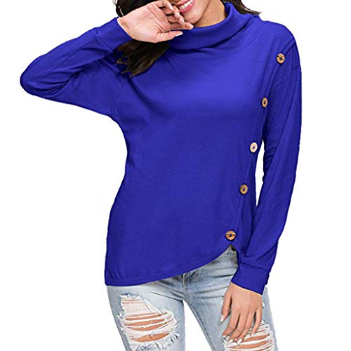 Preisvergleich Produktbild Mymyguoe Frauen Langarmshirt Cowl Neck Design Tasten Stricken Pullover lose beiläufige Langärmlige Tunika Hemd Knopf Bluse Tops Herbst Winter warme Top