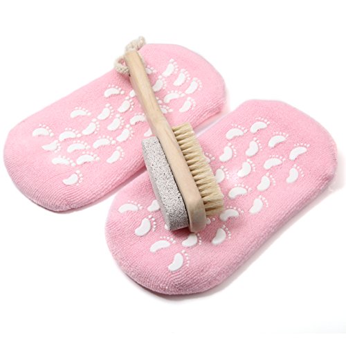 Natural Health Foot Care Pedicure - KingOfHearts™ - Bristle Feet Scrubber and Wooden Handle Pumice Stone Backed Brush, with Pedicure Mask Anti-Slip Moisturizing Soaks Socks - 2 in 1 set - Pink
