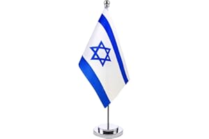 Hollylife Drapeau Israël de Table avec Mât en Métal Petit Drapeaux Israélien de Bureau 21 x 14 cm et Support pour Mât Hauteur 30cm pour Bureau Maison Conférences Festival Célébration