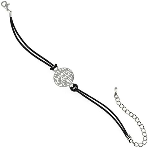 Rhodium Plated Brass Bracelet with Shema Yisrael Prayer Charm - Black String Jewish Jewellery 0.8x0.5"