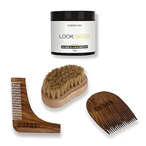 RUBAB MEN Beard Grooming Kit for Men | 100% Boar Bristle Beard Brush, Beard Comb, Beard Shaper & Hair & Beard Butter | Pack of 4