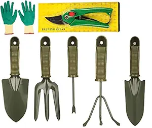 Bulfyss 7 Pieces Gardening Tools - Seed Handheld Shovel Rake Spade Trowel with Pruning Shear and Gloves (Ergonomic Handles)