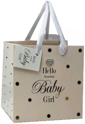 'Hello Beautiful Baby Girl' Gift Bag. Embellished with a diamante heart. Available in 3 sizes (Medium 23 x 16.5 x 23) (Medium 23 x 16.5 x 23cm)