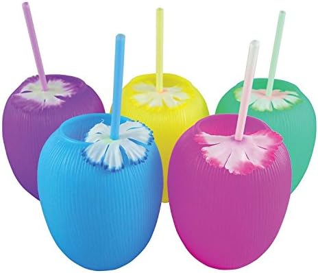 Concession Essentials CE Coconut Cups-12 Coconut Cups with Straws and Flowers, 20 oz., 6" Height, 6" Width, 12" Length (Pack of 12)