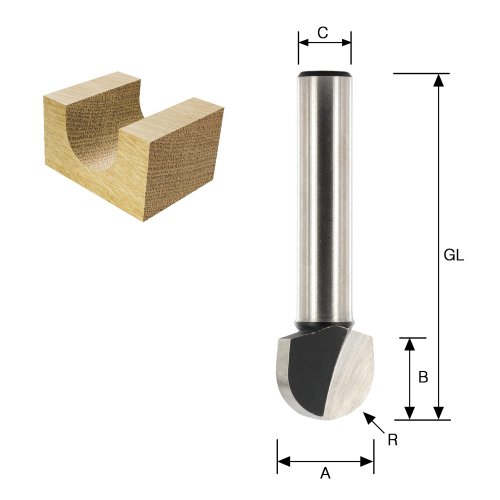 ENT Hohlkehlfräser HS (HSS), Schaft (C) 8 mm, Durchmesser (A) 16 mm, B 12 mm, R 8 mm, GL 50 mm