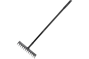 FLORVO Heavy Duty Garden Rake – 12-Tine Carbon Steel Head, Black Finish, Long Handle – Soil Leveling, Gravel, Lawn & Leaf Rake for Gardening, Landscaping & Loosening