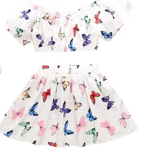 Baby Girl White Butterfly Printed Festive/Party Knee Length Off-Shoulder Top and Skirt Set for 1 to 6 Years (5 YEARS - 6 YEARS)