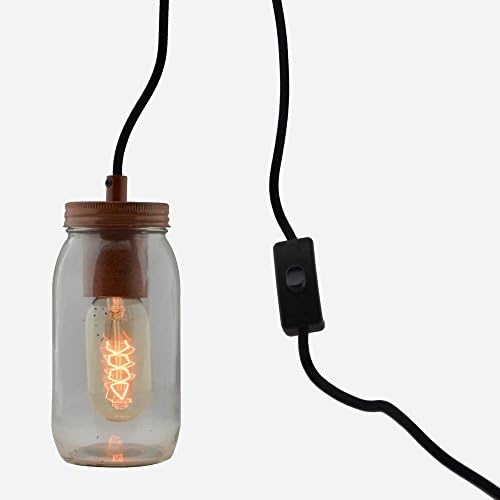 Vintage mason style Jam Jar Light - Transparent with Old Style Tungsten Filament Bulb - Hanging Decoration Pendant with Inline Switch