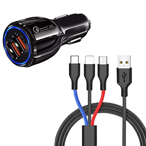 Preisvergleich Produktbild ZDZHU Dual USB Auto Ladegerät Schnellladung 3.0 + 3 Ft 3 In 1 Kabel für iPhone X 8 7 Plus 6S 6 SE 5 / Samsung Galaxy S9 S7 Edge / iPad Pro Air 2 Mini / LG / Nexus / HTC Google Pixel und mehr