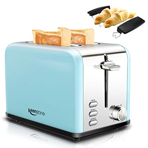 Grille Pain, Keenstone Grille Pain 2 Fentes Extra Larges Inox, 6 Niveaux de Brunisage Réglable, Fonction Annuler/Décongeler/Réchauffer avec Support Grill et Ramasse Miettes Amovible 825W Bleu