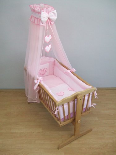 9 Piece Crib Baby Bedding Set 90x40cm Fits Swinging / Rocking Cradle (Hearts Pink)