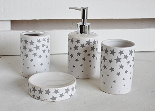 Badezimmer Set "Stars weiß" 4tlg. Keramik Sterne weiss grau Seifenspender Seifenschale Zahnputzbecher Zahnbürstenhalter modern