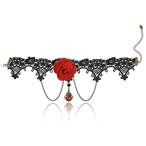 So Beauty Retro Classic Lace Palace Vampire Necklace Gothic Style Choker Collar with a Big Red Flower and Red Pendant Wedding Party Ball Jewelry