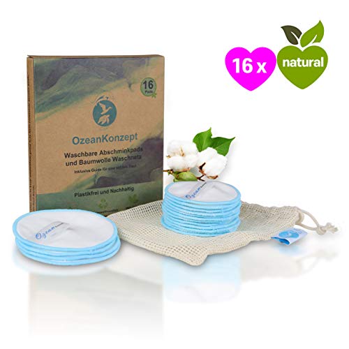 16 Wiederverwendbare Abschminkpads aus Bio-Baumwolle Waschbar, Mehrweg Makeup Entferner, Zero Waste Set inkl. Wäschenetz + Beauty Tipps, Gesichtswasser & Gesichtsmask Rezepte E-Book