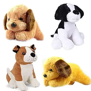 Gifteria First Edition Dog Soft Toys Family, Bull Dog, Puppy Sitting Labrador, Cute Looking Soft Toys for Girls, Teddy Bear for Girls, Small and Cute Size Animal Soft Toys (Pack of 4 Soft Toys)