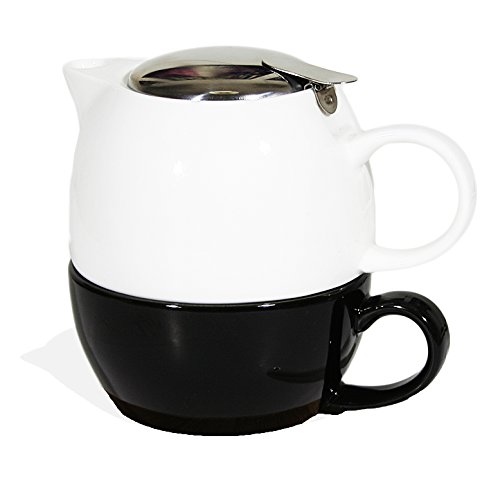 Janazala Teekanne und Tasse, Tea for One, Tee Set Porzellan Mit Infuser Tee und Bambus Untersetzer in Geschenkbox, Geburtstagsgeschenk für Mama, Geschenk für Schwester, Vater, Weiß / schwarz