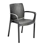 Incluye una silla de jardín con reposabrazos disponible en colores: grafito, marrón y blanco.