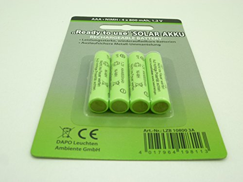 4 er Set Solar-Akku, leistungsstarke, wiederaufladbare Batterien AAA NiMH, 800mAh - 2