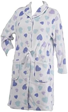 Ladies Slenderella Heart Design Dressing Gown Soft Fleece Button Up Bathrobe Large (White)