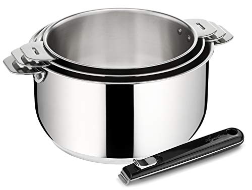 Lagostina SALVASPAZIO Set 3 Casseroles LAGOPLAN 16/18/20 cm + poignée Noire, INOX 18/10, 20