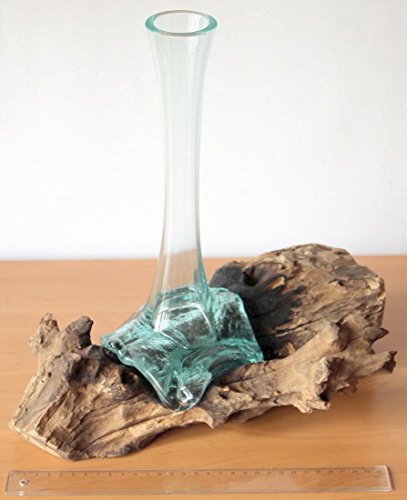Geschenk Deko Gamal Wurzelholz B-WARE Glasvase 35 cm Teak Wurzel Holz Teakholz Bali Glas Vase L - 2