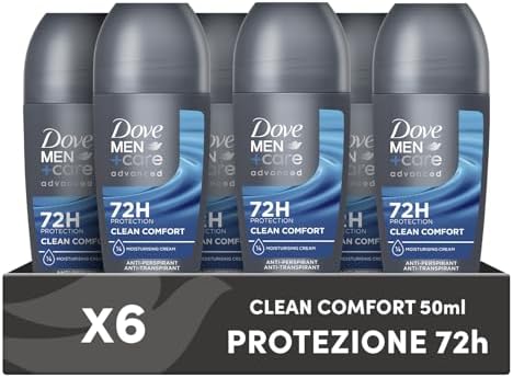 Dove Men+Care Deodorante Roll On Advanced Care Clean Comfort, Deodorante Uomo Antitraspirante Senza Alcol, con 1/4 di Crema Idratante, Protezione Fino a 72 Ore, 6 Pezzi da 50 ml