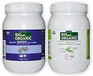 INDUS VALLEY 100% Organic Indigo Leaf Powder Jar 400g with Herbal Henna Powder Jar - 500g (400g+500g = 900g)
